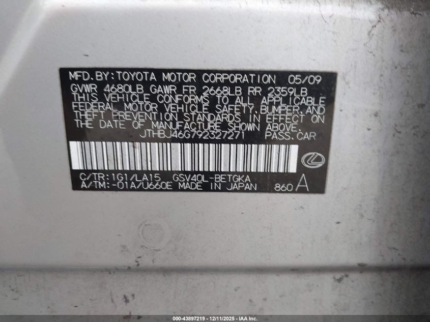 2009 Lexus Es 350 VIN: JTHBJ46G792327271 Lot: 43897219