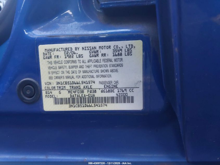 2006 Nissan Sentra 1.8S VIN: 3N1CB51D66L541574 Lot: 43897220