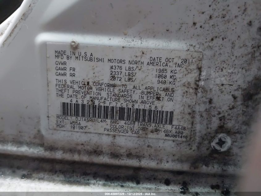 2012 Mitsubishi Galant Fe VIN: 4A32B2FF7CE011561 Lot: 43897229