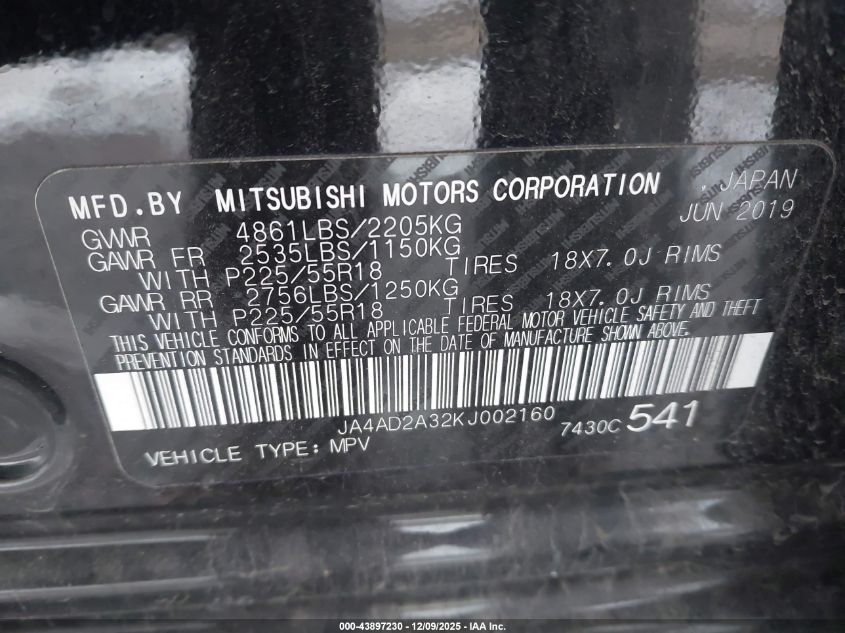 2019 Mitsubishi Outlander Es VIN: JA4AD2A32KJ002160 Lot: 43897230