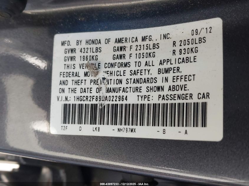 2013 Honda Accord Sdn Ex-L VIN: 1HGCR2F89DA022964 Lot: 43897233