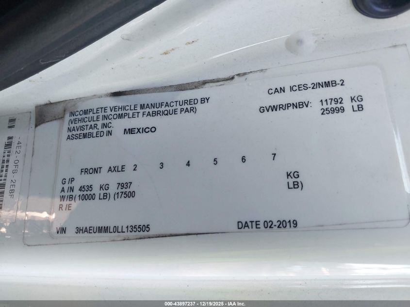 2020 International Mv VIN: 3HAEUMML0LL135505 Lot: 43897237