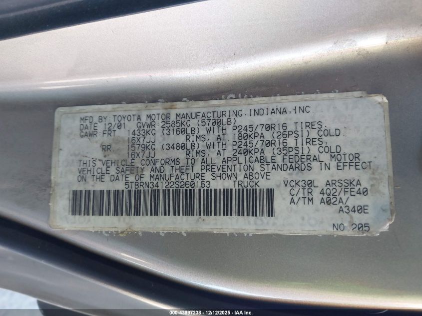 2002 Toyota Tundra Sr5 VIN: 5TBRN34122S260163 Lot: 43897238