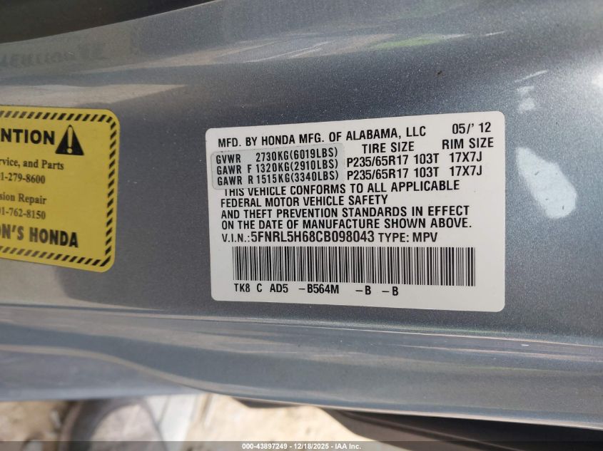 2012 Honda Odyssey Ex-L VIN: 5FNRL5H68CB098043 Lot: 43897249