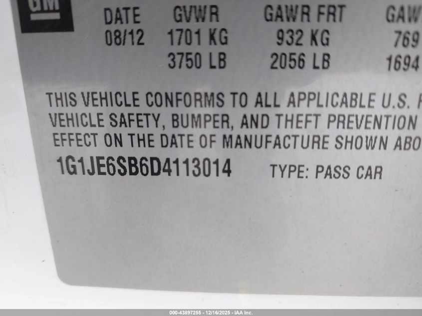 2013 Chevrolet Sonic Ltz Auto VIN: 1G1JE6SB6D4113014 Lot: 43897255