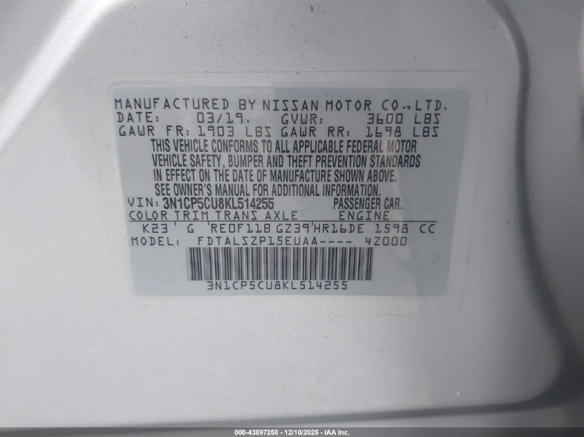 2019 Nissan Kicks Sv VIN: 3N1CP5CU8KL514255 Lot: 43897258