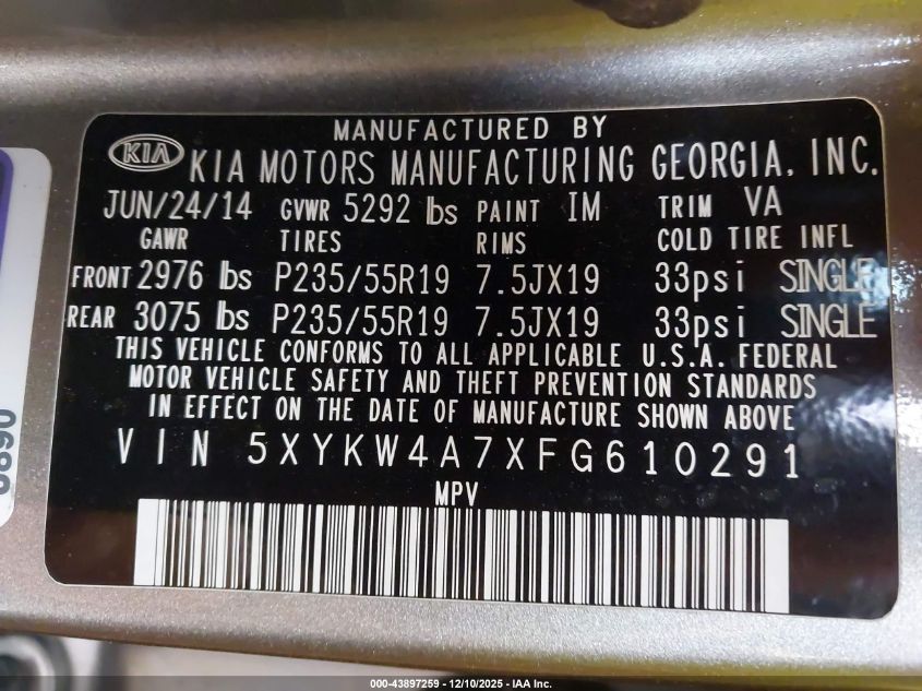 2015 Kia Sorento Limited V6 VIN: 5XYKW4A7XFG610291 Lot: 43897259