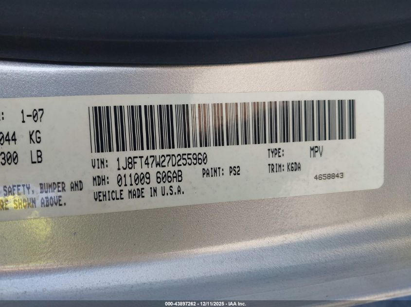 2007 Jeep Compass Sport VIN: 1J8FT47W27D255960 Lot: 43897262