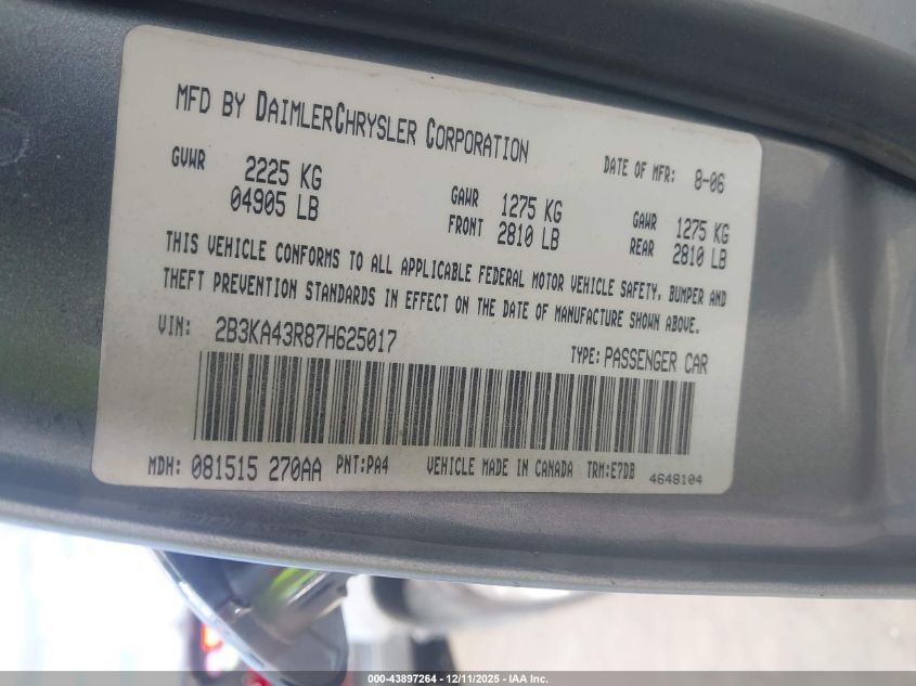 2007 Dodge Charger VIN: 2B3KA43R87H625017 Lot: 43897264