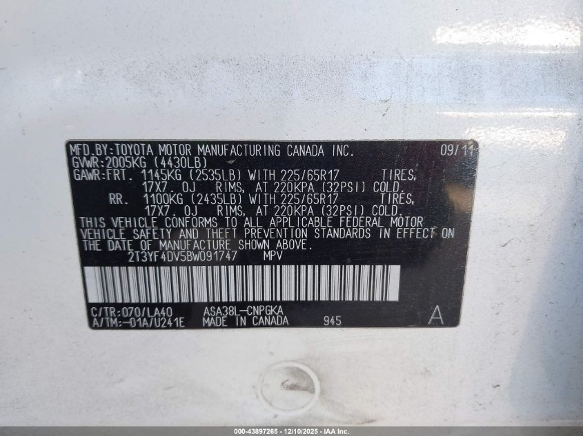 2011 Toyota Rav4 Limited VIN: 2T3YF4DV5BW091747 Lot: 43897265