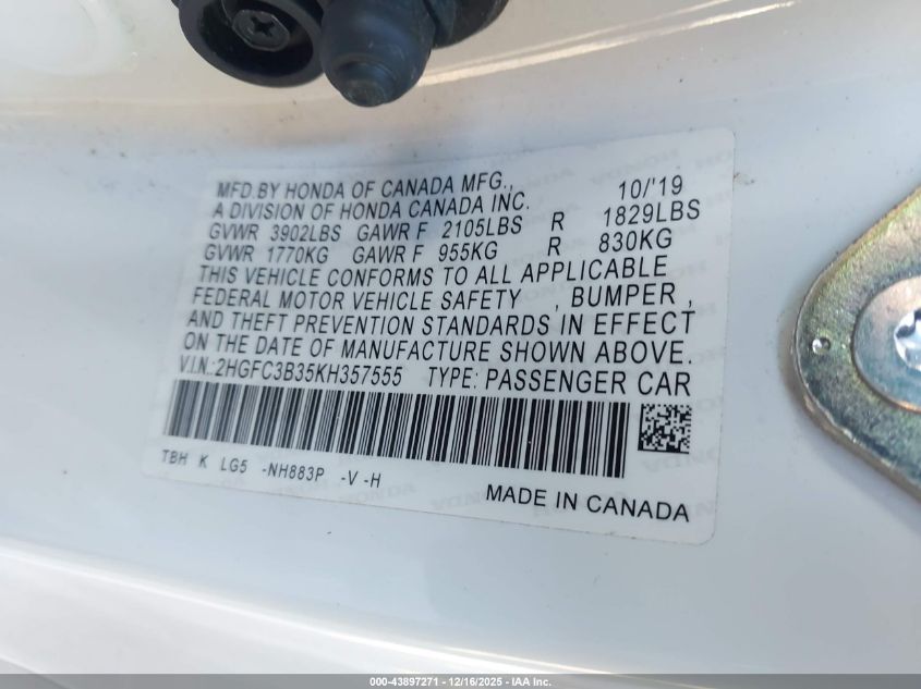 2019 Honda Civic Ex VIN: 2HGFC3B35KH357555 Lot: 43897271