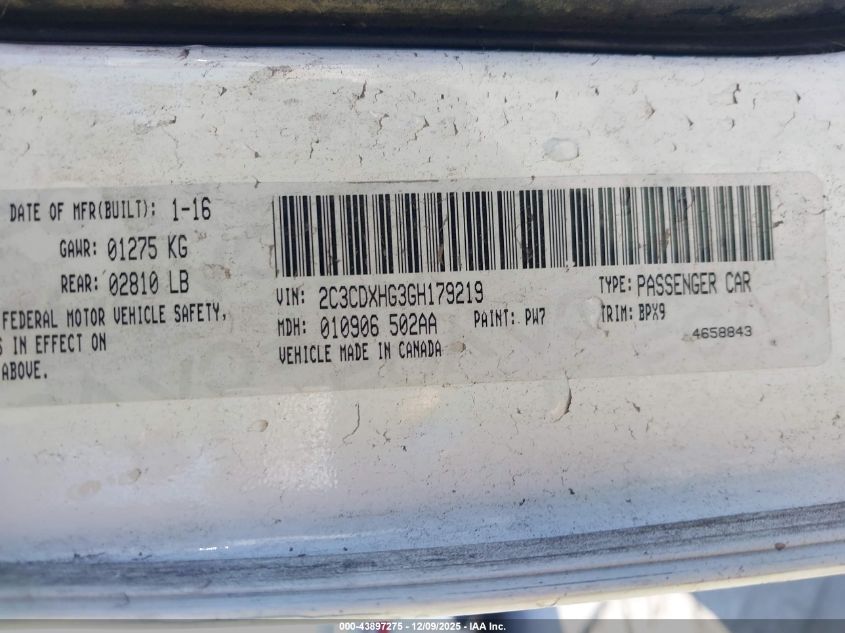 2016 Dodge Charger Sxt VIN: 2C3CDXHG3GH179219 Lot: 43897275