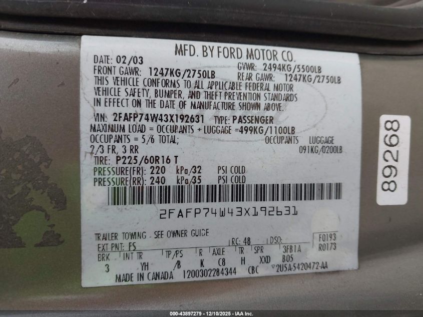 2003 Ford Crown Victoria Lx VIN: 2FAFP74W43X192631 Lot: 43897279