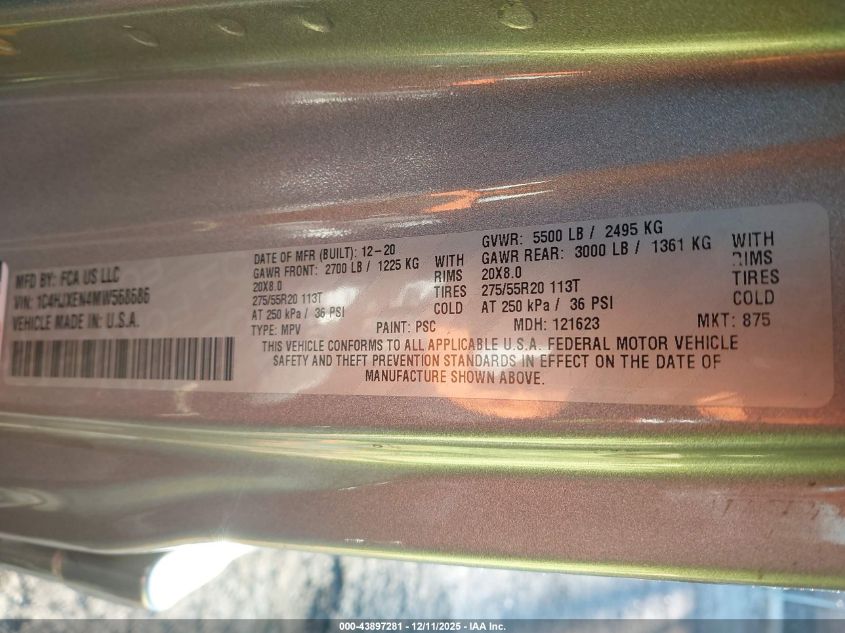 2021 Jeep Wrangler Unlimited High Altitude 4X4 VIN: 1C4HJXEN4MW568686 Lot: 43897281