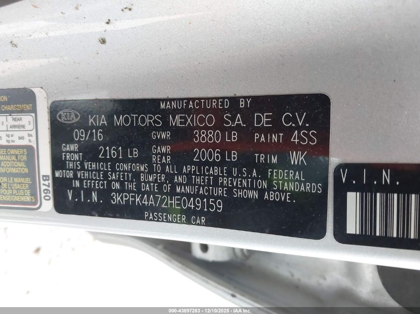 2017 Kia Forte Lx VIN: 3KPFK4A72HE049159 Lot: 43897283
