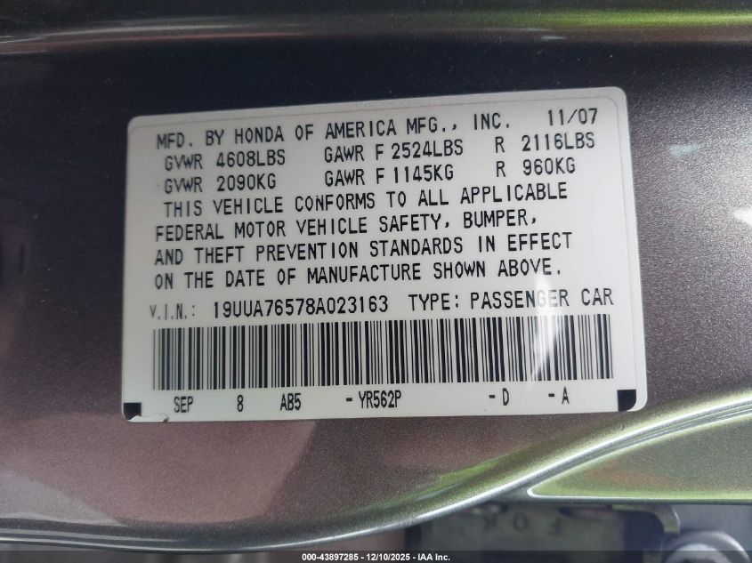 2008 Acura Tl Type S VIN: 19UUA76578A023163 Lot: 43897285