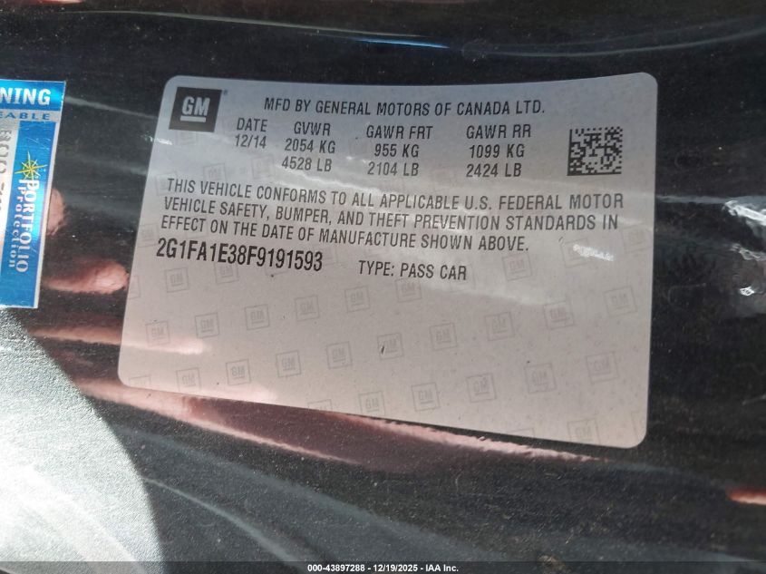 2015 Chevrolet Camaro 1Ls VIN: 2G1FA1E38F9191593 Lot: 43897288