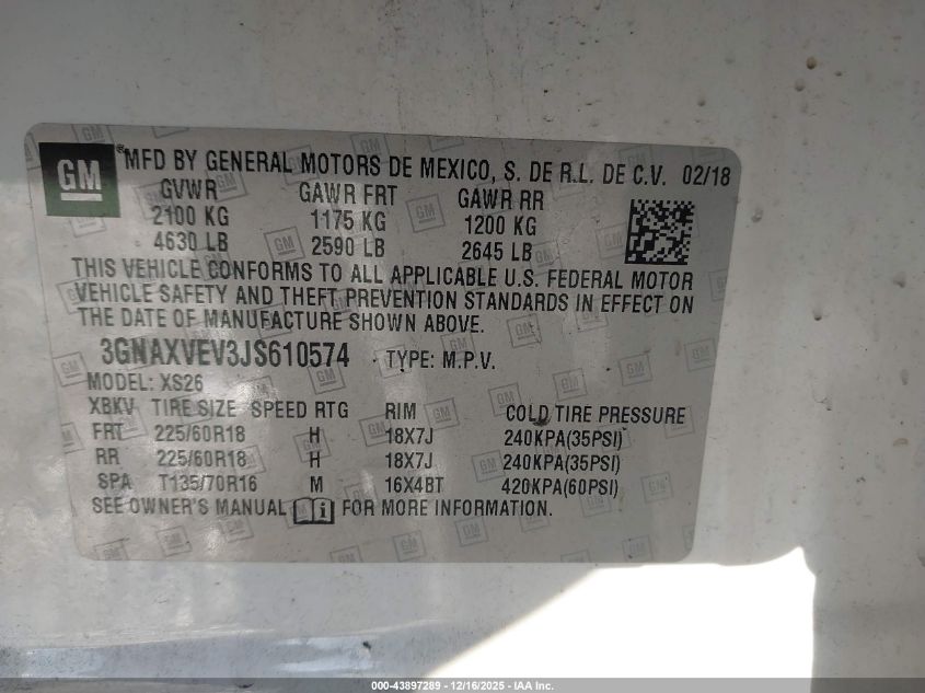 2018 Chevrolet Equinox Premier VIN: 3GNAXVEV3JS610574 Lot: 43897289