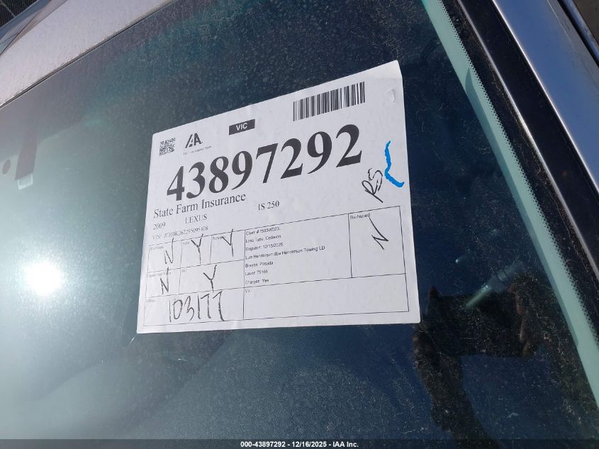 2009 Lexus Is 250 VIN: JTHBK262295095408 Lot: 43897292