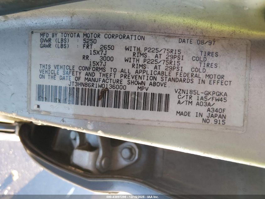 1998 Toyota 4Runner Sr5 V6 VIN: JT3HN86R1W0136000 Lot: 43897298