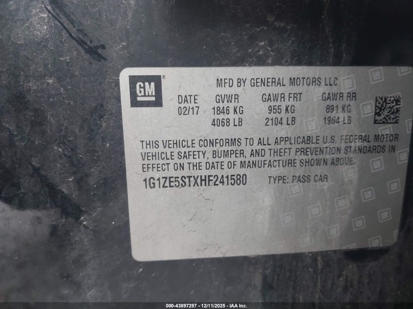 2017 Chevrolet Malibu 1Lt VIN: 1G1ZE5STXHF241580 Lot: 43897297