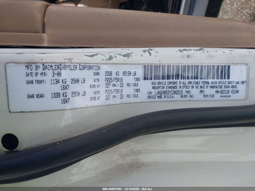 2000 Jeep Grand Cherokee Laredo VIN: 1J4G248S3YC302215 Lot: 43897300