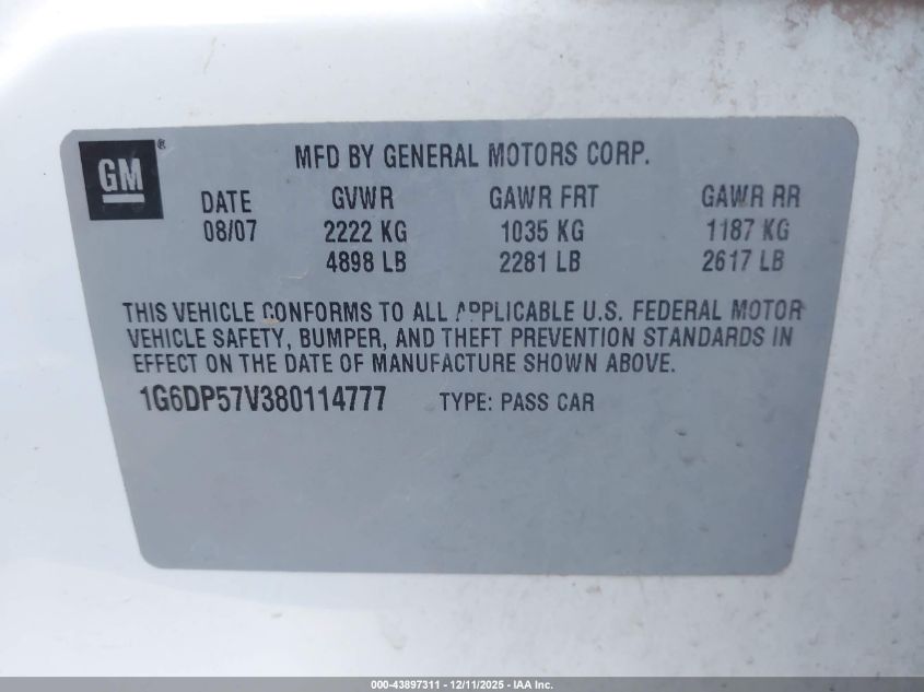 2008 Cadillac Cts Standard VIN: 1G6DP57V380114777 Lot: 43897311
