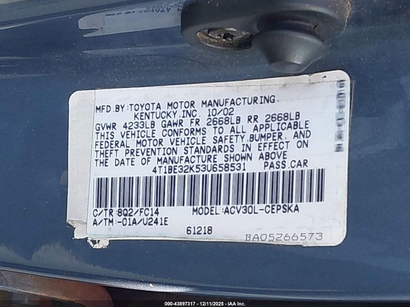 2003 Toyota Camry Se VIN: 4T1BE32K53U658531 Lot: 43897317