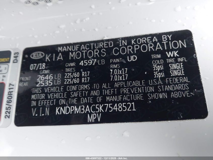 2019 Kia Sportage Lx VIN: KNDPM3AC5K7548521 Lot: 43897322