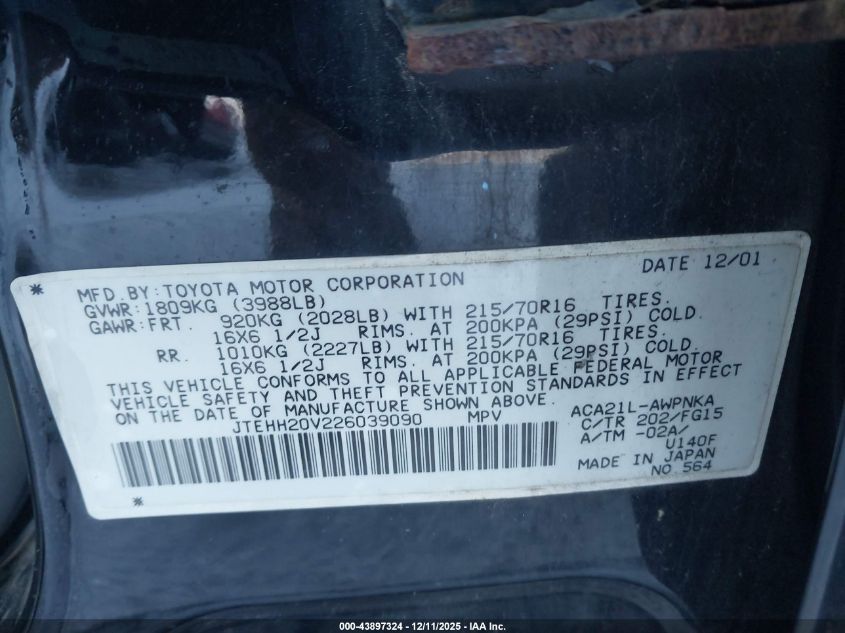 2002 Toyota Rav4 VIN: JTEHH20V226039090 Lot: 43897324