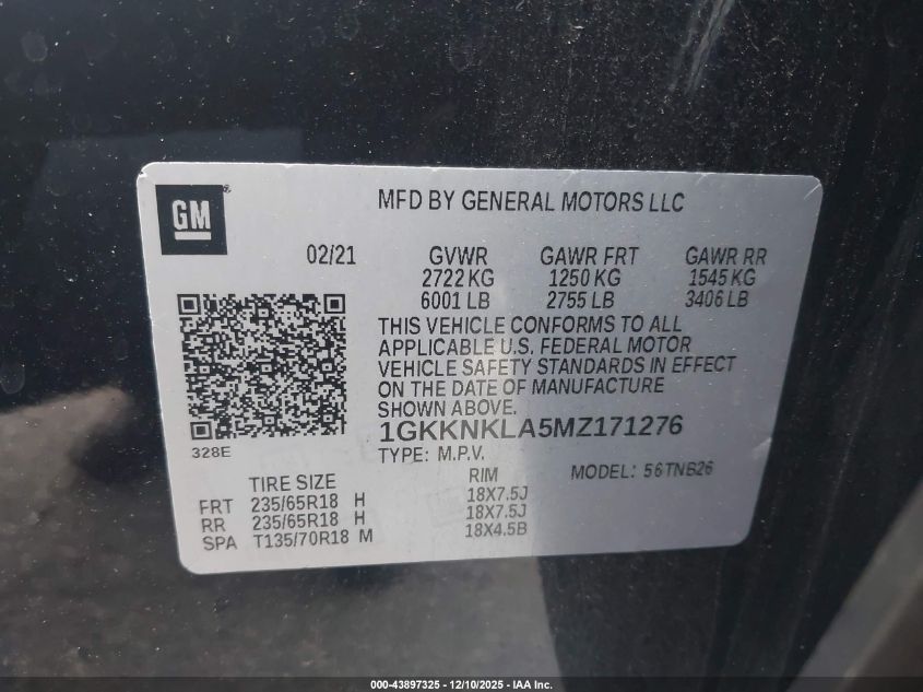 2021 GMC Acadia Fwd Sle VIN: 1GKKNKLA5MZ171276 Lot: 43897325