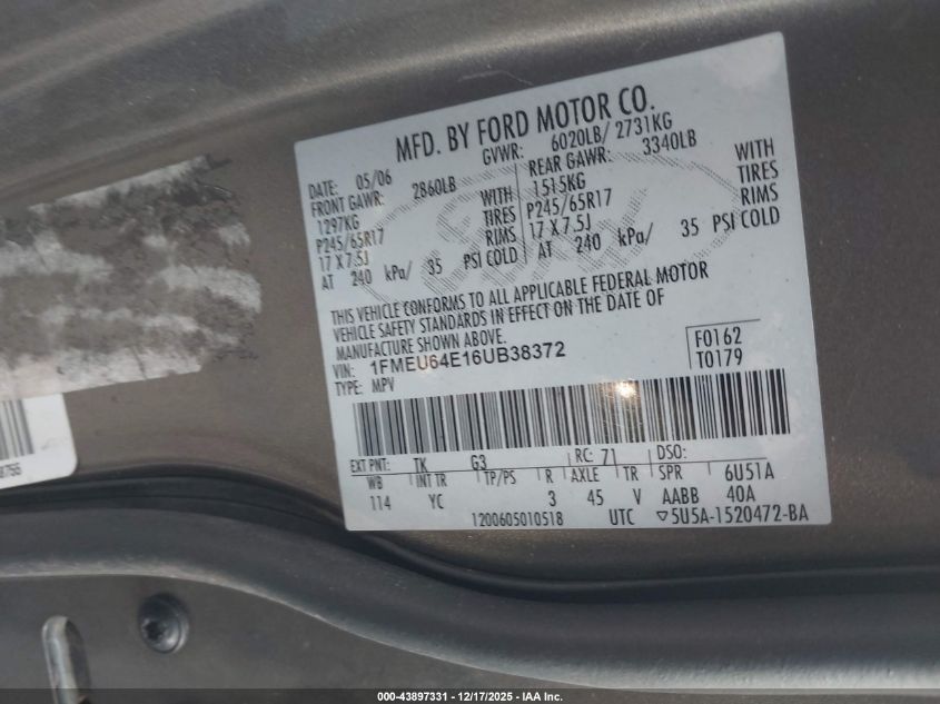 2006 Ford Explorer Eddie Bauer VIN: 1FMEU64E16UB38372 Lot: 43897331