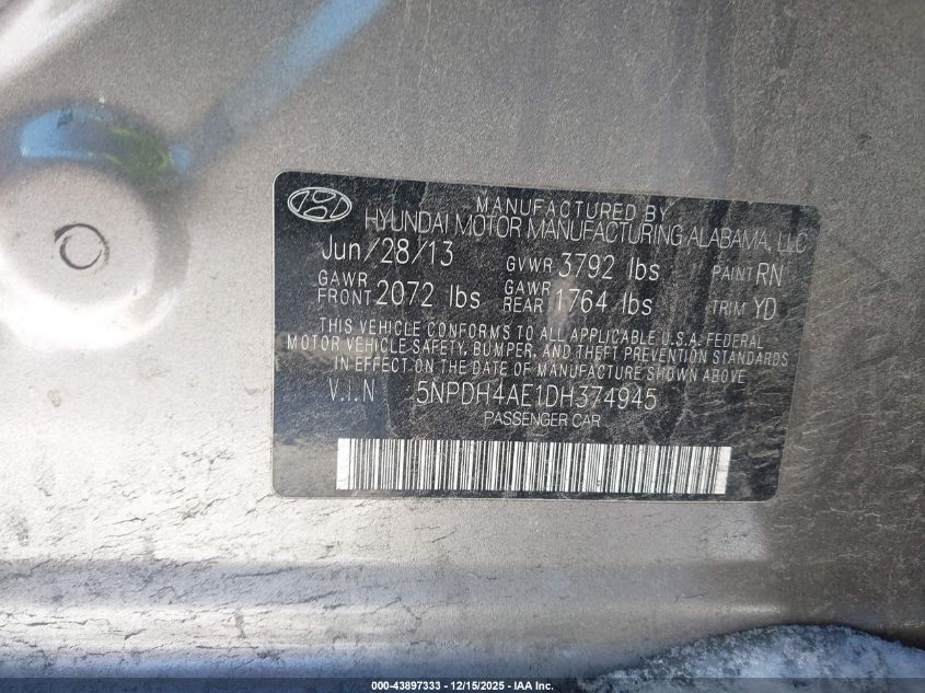 2013 Hyundai Elantra Gls VIN: 5NPDH4AE1DH374945 Lot: 43897333