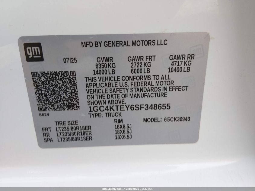 2025 Chevrolet Silverado 3500Hd 4Wd Long Bed Lt VIN: 1GC4KTEY6SF348655 Lot: 43897336
