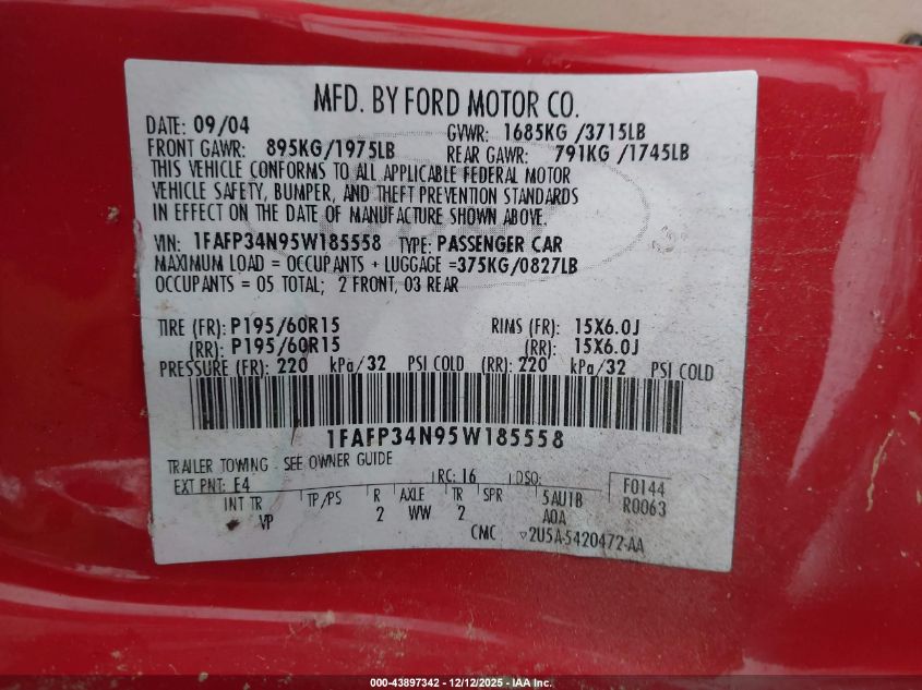 2005 Ford Focus Zx4 VIN: 1FAFP34N95W185558 Lot: 43897342