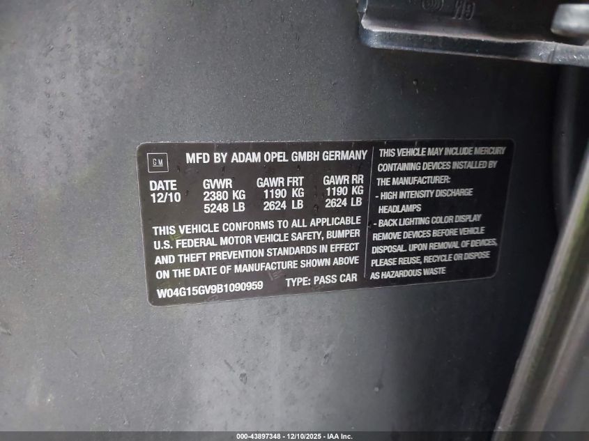 2011 Buick Regal Cxl Turbo Russelsheim VIN: W04G15GV9B1090959 Lot: 43897348