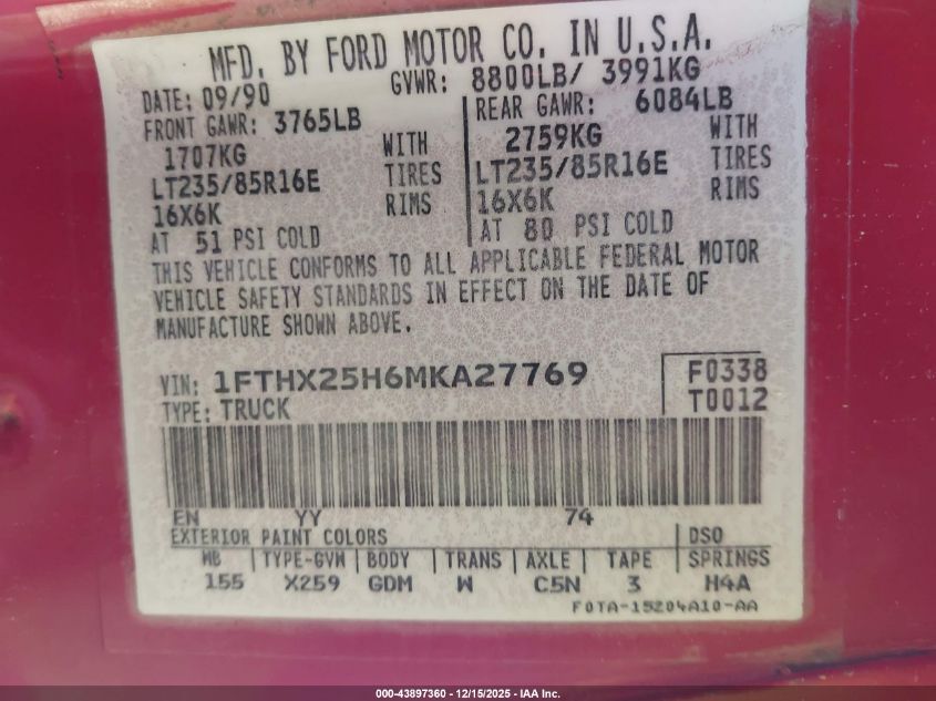 1991 Ford F250 VIN: 1FTHX25H6MKA27769 Lot: 43897360