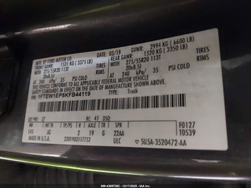 2019 Ford F-150 Xl VIN: 1FTEW1EP8KFB44119 Lot: 43897362