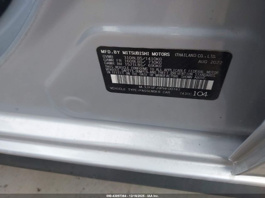 2023 Mitsubishi Mirage G4 Black Edition/Es/Le VIN: ML32FUFJ9PHF00741 Lot: 43897364