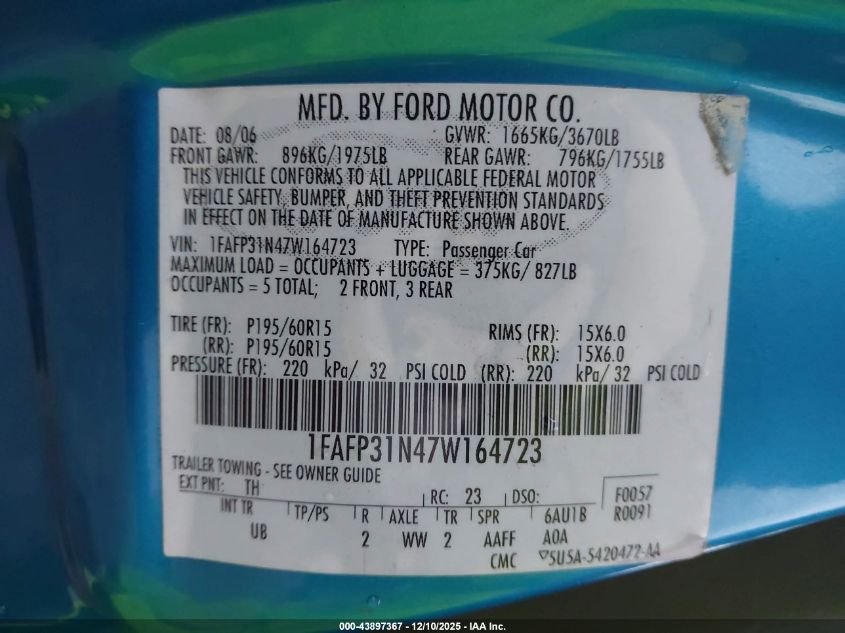 2007 Ford Focus S/Se/Ses VIN: 1FAFP31N47W164723 Lot: 43897367