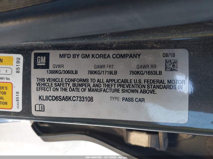 2019 Chevrolet Spark 1Lt Cvt VIN: KL8CD6SA6KC733108 Lot: 43897369