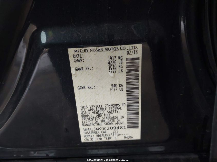 2018 Nissan Altima 2.5 Sl VIN: 1N4AL3AP2JC209481 Lot: 43897371