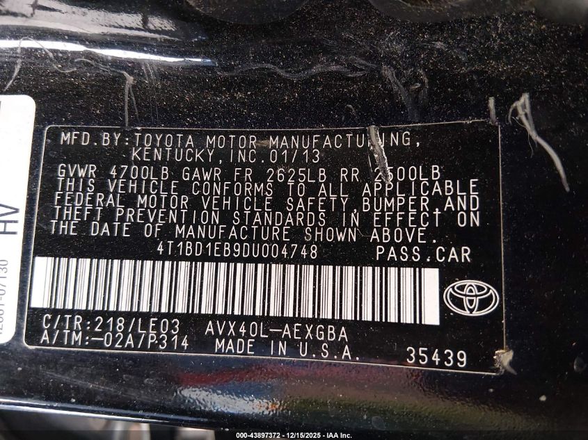 2013 Toyota Avalon Hybrid Xle Touring VIN: 4T1BD1EB9DU004748 Lot: 43897372