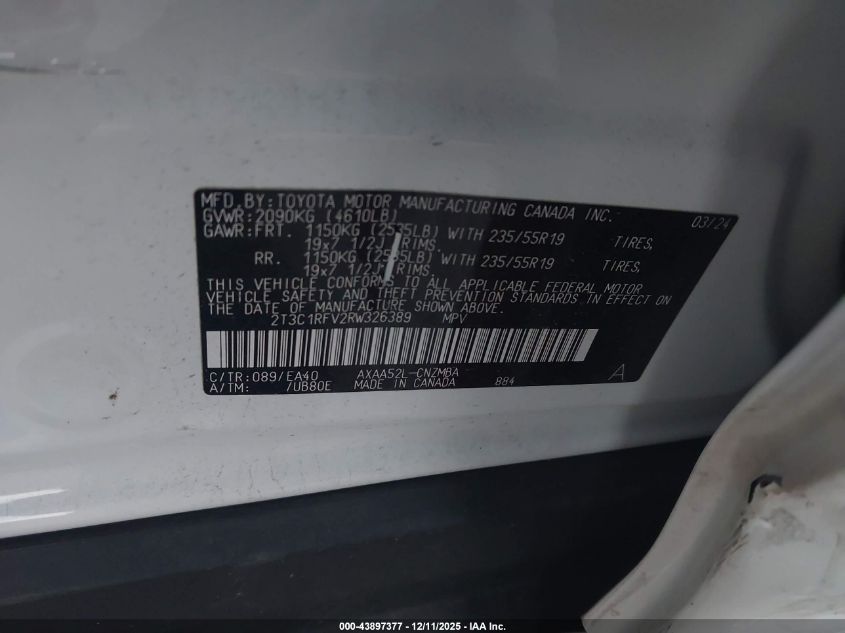 2024 Toyota Rav4 Xle Premium VIN: 2T3C1RFV2RW326389 Lot: 43897377