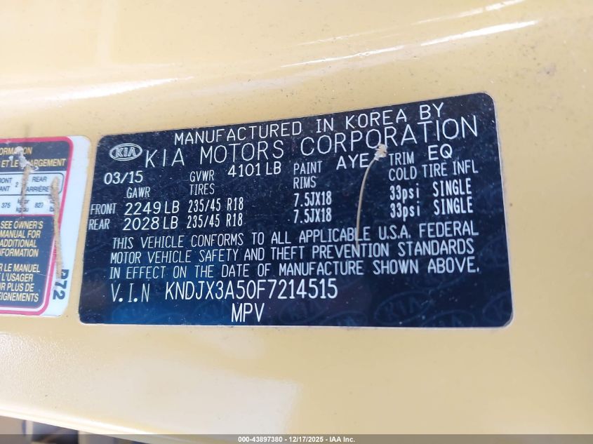 2015 Kia Soul ! VIN: KNDJX3A50F7214515 Lot: 43897380