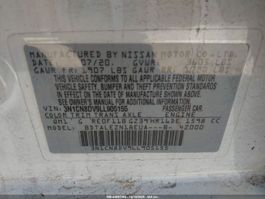 2020 Nissan Versa S Xtronic Cvt VIN: 3N1CN8DV9LL905155 Lot: 43897384