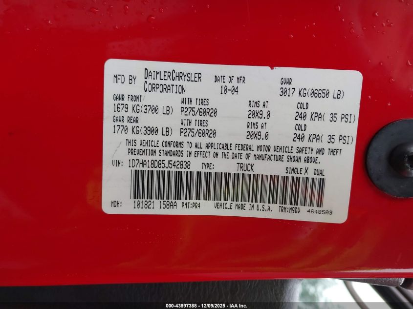 2005 Dodge Ram 1500 Slt/Laramie VIN: 1D7HA18D85J542838 Lot: 43897388