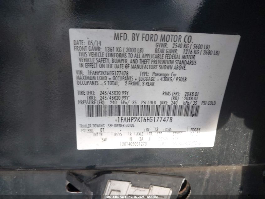 2014 Ford Taurus Sho VIN: 1FAHP2KT6EG177478 Lot: 43897394