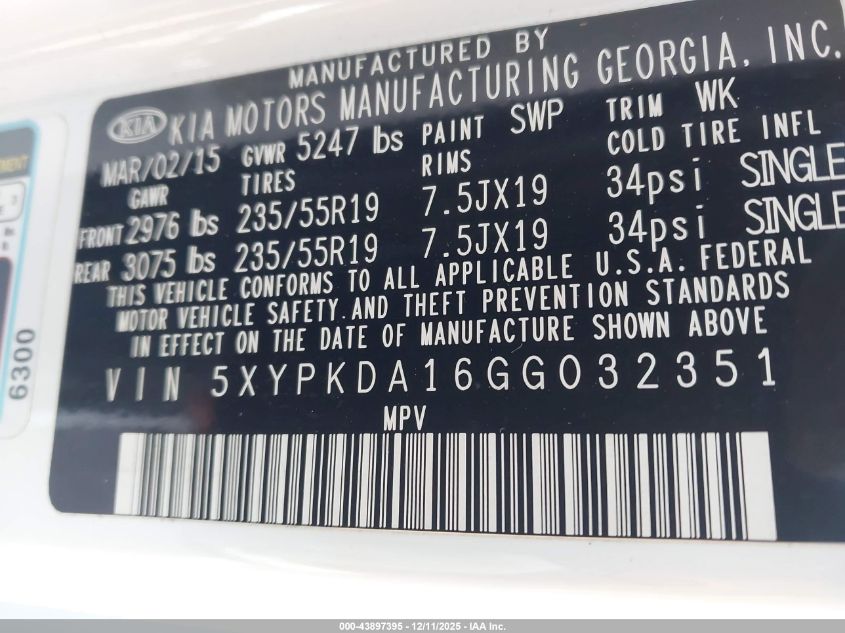 2016 Kia Sorento 2.0T Sxl VIN: 5XYPKDA16GG032351 Lot: 43897395