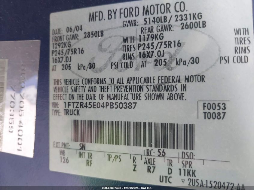 2004 Ford Ranger Edge/Tremor/Xlt VIN: 1FTZR45E04PB50387 Lot: 43897408